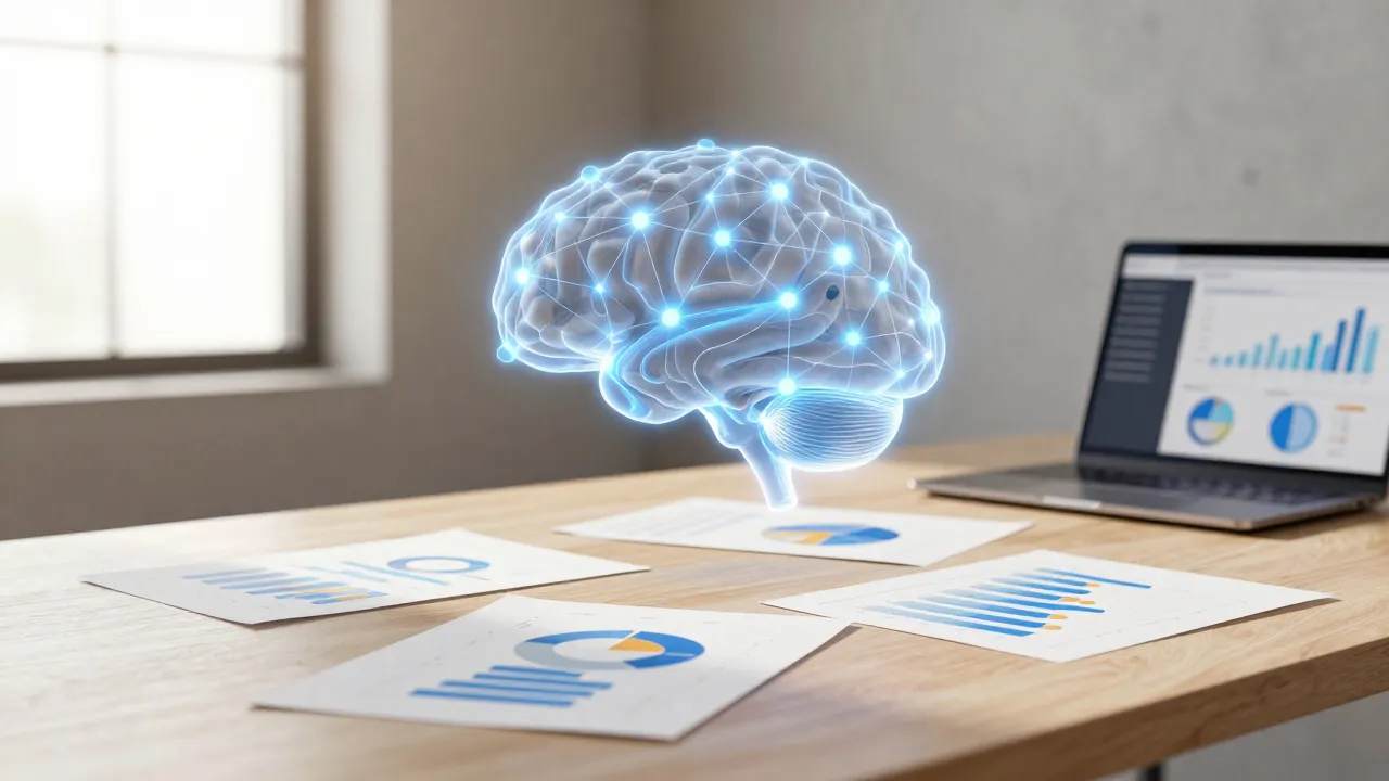 Escritorio de oficina con holograma de cerebro IA y nodos de adopción estratégica