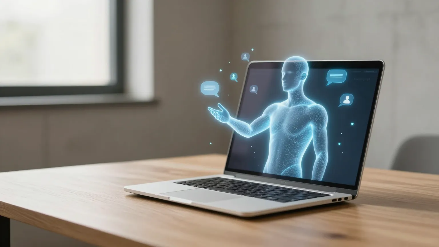 Escritorio minimalista con holograma de agente IA de atención al cliente