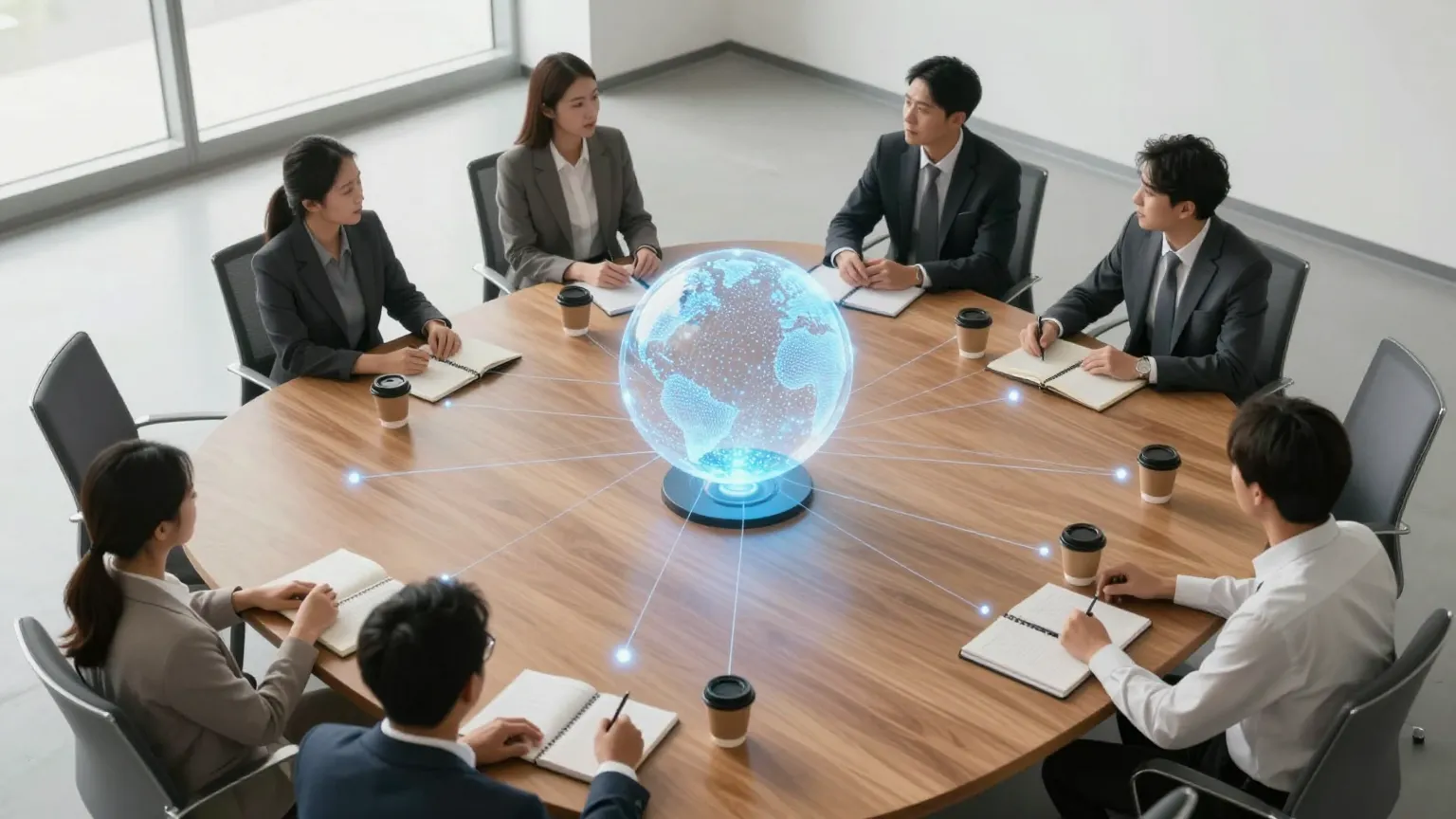 Escritorio de oficina con holograma de asistente IA para equipos