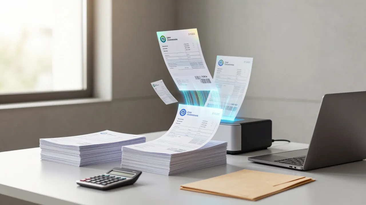 Desk with invoices transforming into holographic digital data