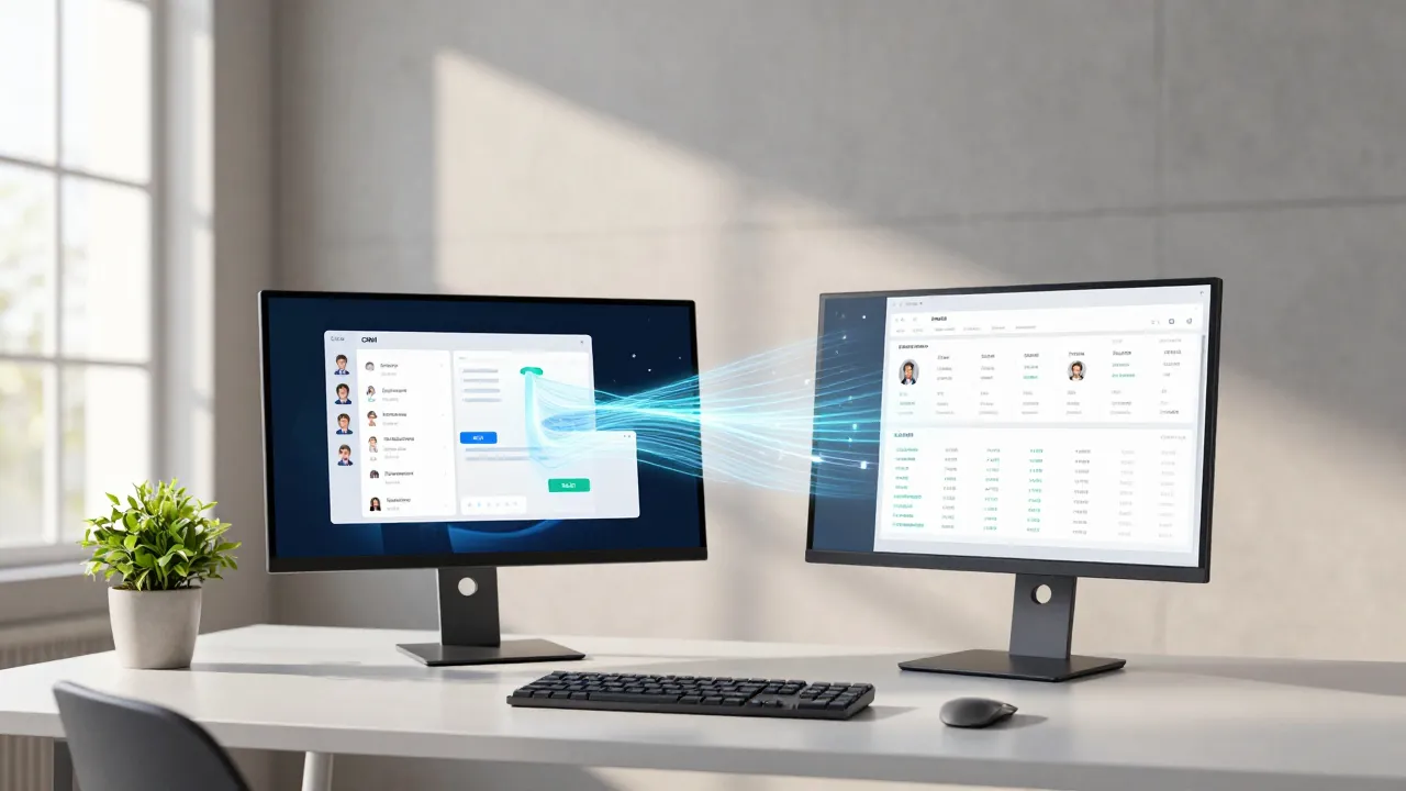 Escritorio con monitores mostrando integración holográfica de CRM y ERP