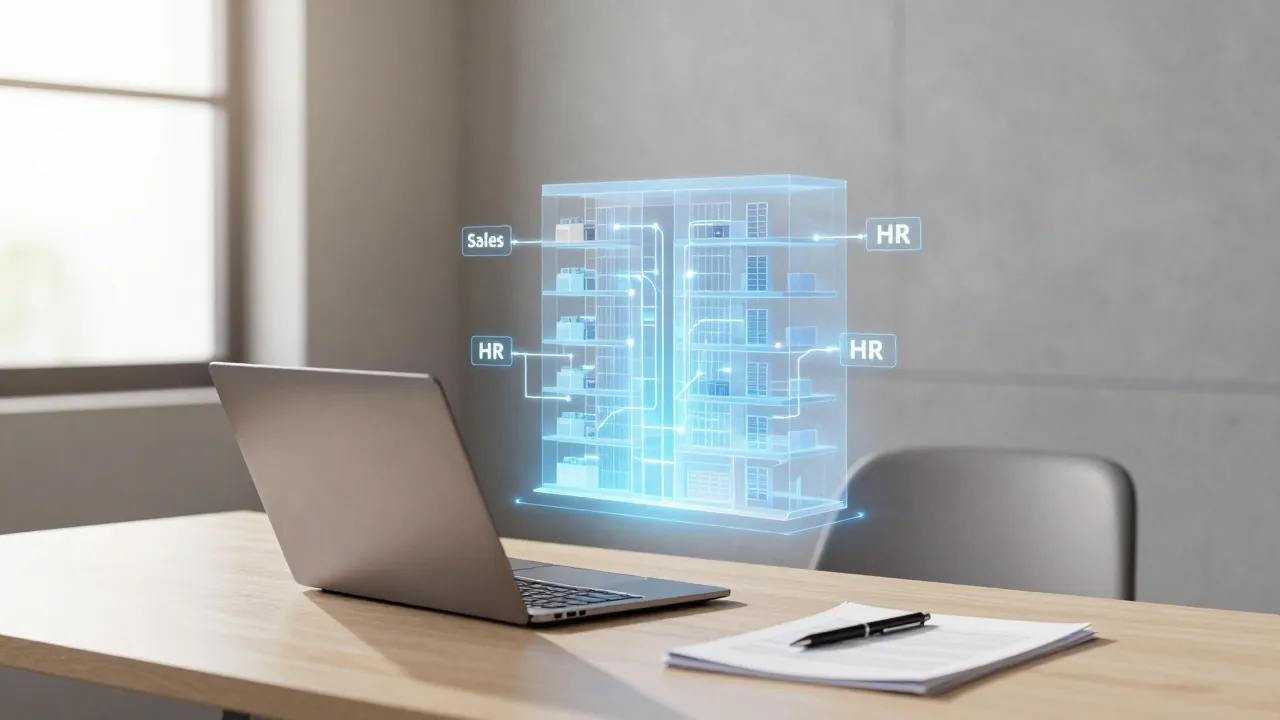 Escritorio corporativo con holograma de edificio empresarial integrado con IA