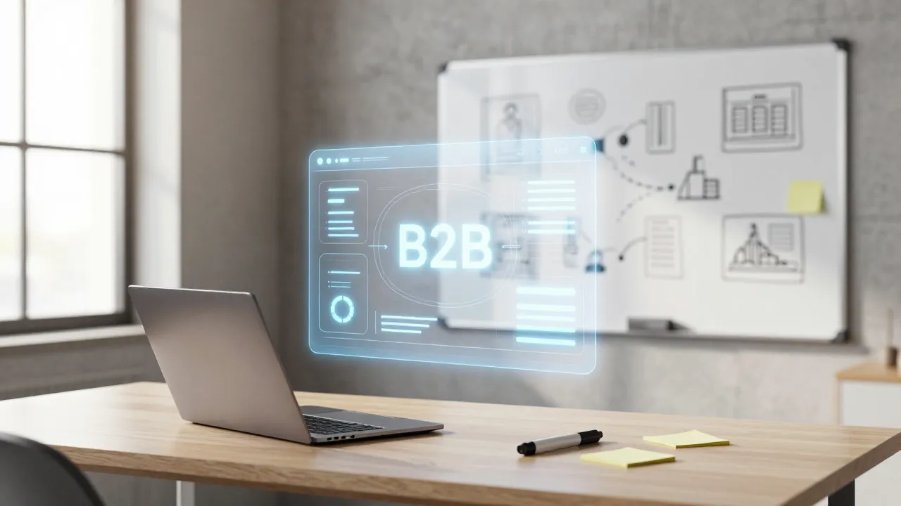 Startup desk with holographic B2B MVP prototype