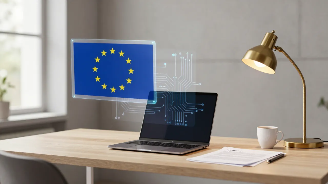 Legal desk with holographic EU AI Act and AI circuits