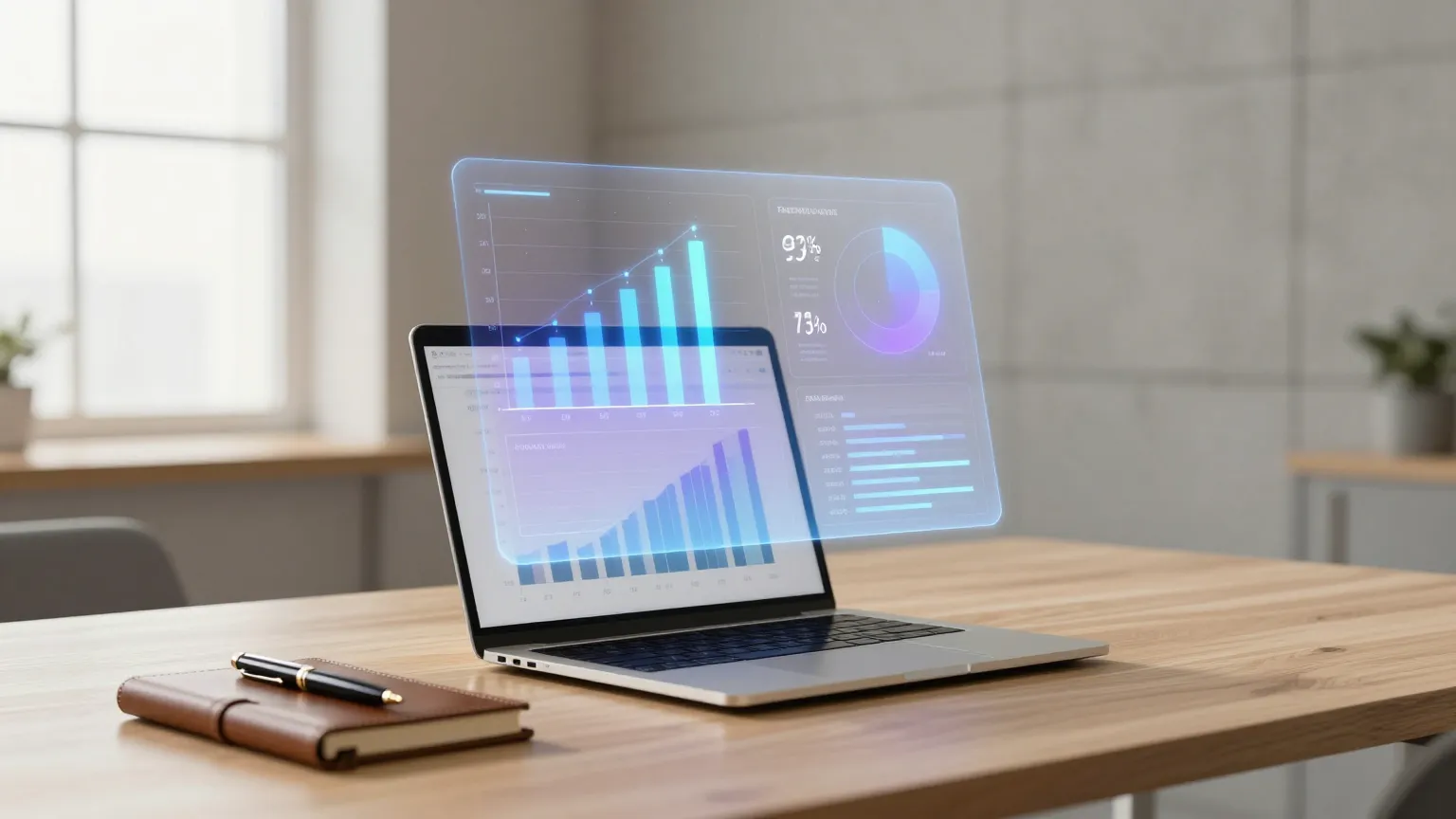 Escritorio de oficina con hologramas de dashboards y reportes automáticos