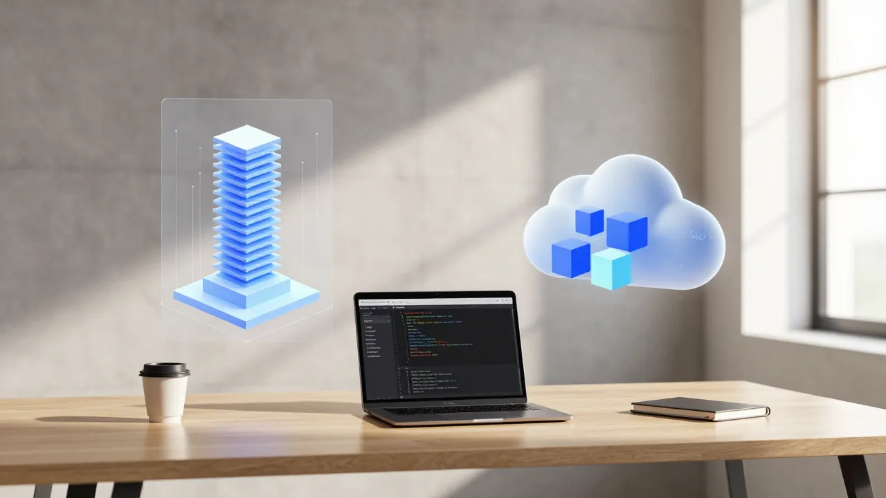 Desk with holograms comparing custom software vs SaaS architecture