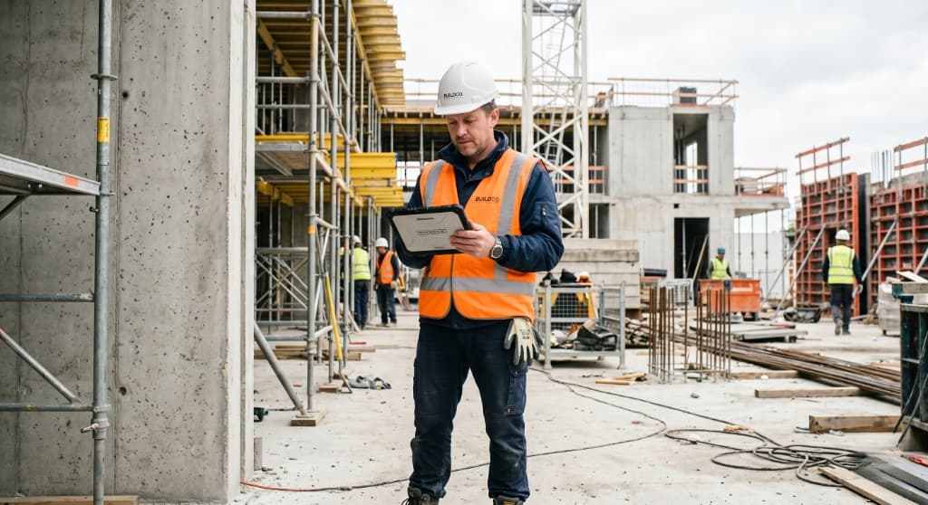 Site manager reviewing parameters on a tablet at a construction site