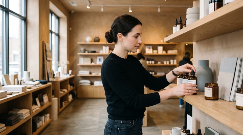 Store manager arranging products in a minimalist boutique