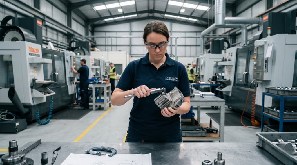 Engineer calibrating a component in a CNC manufacturing plant