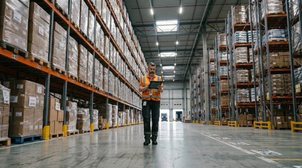 Warehouse manager checking inventory in a large distribution center