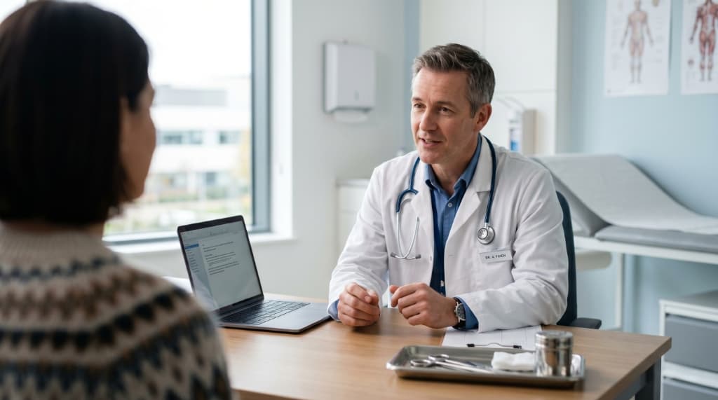 Doctor in a white coat consulting a patient in a modern clinic