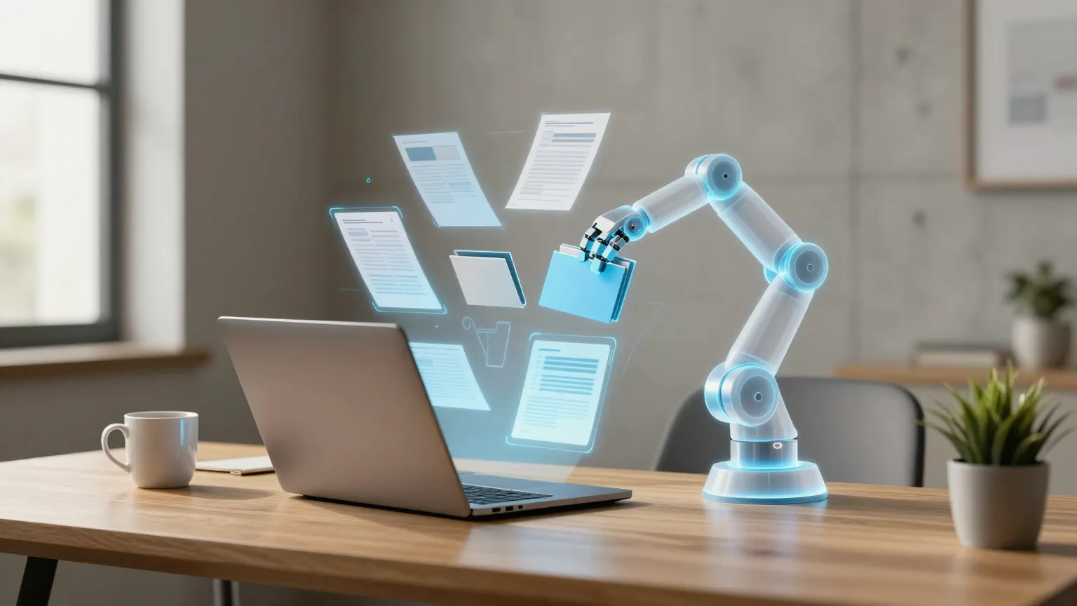 Modern desk with holographic operational automation flows